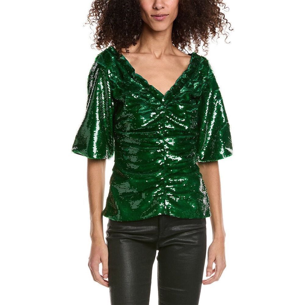 GANNI Ruched green sequined georgette  top small